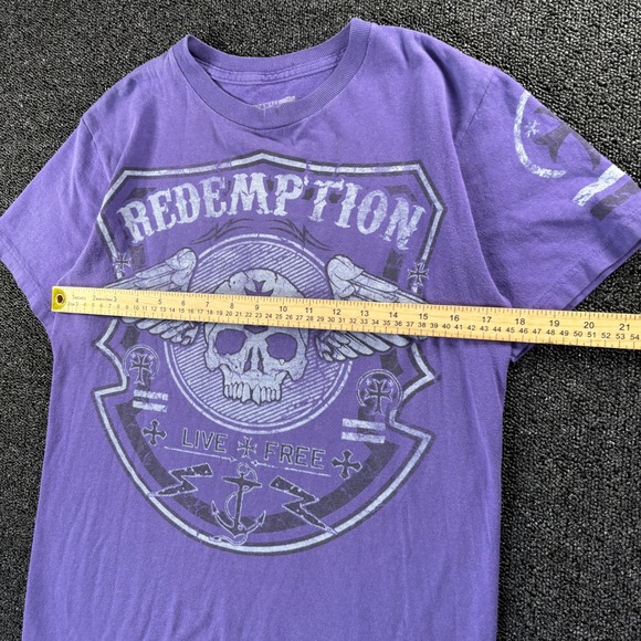Vintage Y2K Raw State Premium Affliction Shirt Mens Small Purple Skull Wings - Picture 5 of 6